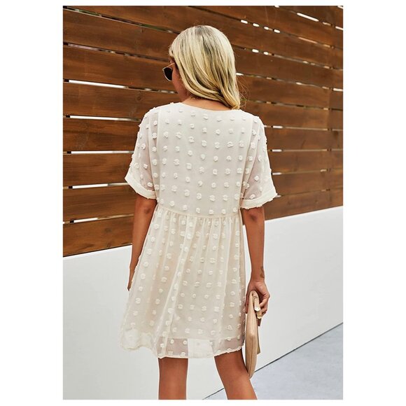 ✌️ 2/$40 ✌️ New Short Sleeve Cream Mini Dress, V Neck, Swiss Dot Flowy Dress - Picture 3 of 5